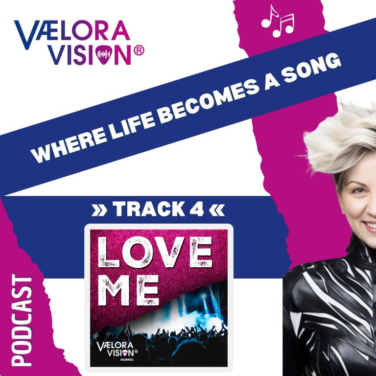 Podcast-Cover zum Song "Love me" von VAELORA VISION® Grafik für den Podcast "Where life becomes a Song" von VAELORA VISION mit der Episode "Love Me" und einer halben Frauenfigur.
