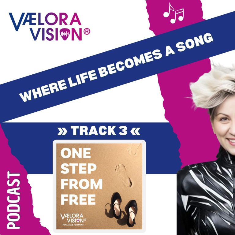 Podcast-Cover zum Song "One Step from Free" von VAELORA VISION® Grafik für den Podcast "Where life becomes a Song" von VAELORA VISION mit der Episode "One Step from Free" und einer halben Frauenfigur.