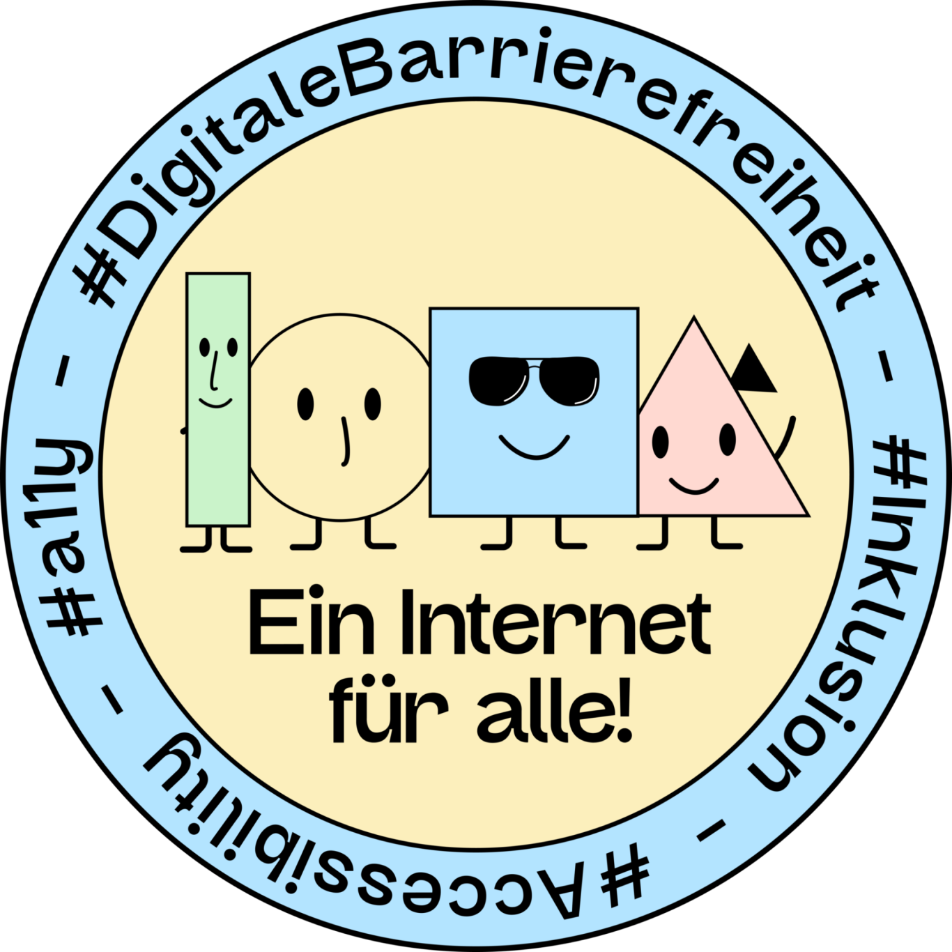 Sticker der Gehirngerecht Digital GmbH zur Barrierefreiheit Vier fröhliche, stilisierte Figuren in verschiedenen Formen mit dem Text „Ein Internet für alle!“