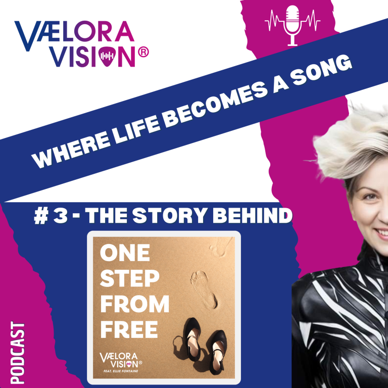 Podcast-Cover zum Song "One Step from Free" von VAELORA VISION® Grafik für den Podcast "Where life becomes a Song" von VAELORA VISION mit der Episode "One Step from Free" und einer halben Frauenfigur.